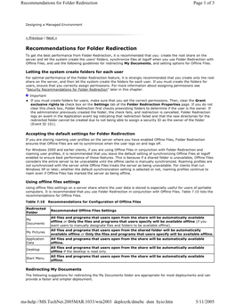 Recommendations for Folder Redirection Page 1 of 3