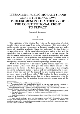 Liberalism, Public Morality, and Constitutional Law: Prolegomenon to a Theory of the Constitutional Right to Privacy