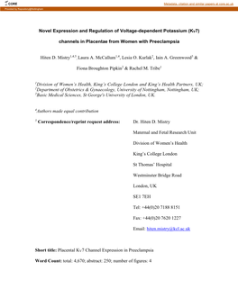 Novel Expression and Regulation of Kv7 Channels in Placentae From