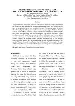 THE SCIENTIFIC REVOLUTION of THOMAS KUHN and THEIR RELEVANCES for HUMANIZATION of ISLAMIC LAW By: Muhamad Ali Mustofa Kamal Lect