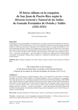 El Héroe Cidiano En La Conquista De San Juan De Puerto Rico Según La Historia General Y Natural De Las Indias De Gonzalo Fernández De Oviedo Y Valdés (1511-1513)