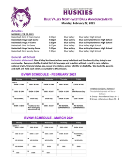 BLUE VALLEY NORTHWEST DAILY ANNOUNCEMENTS Monday, February 22, 2021