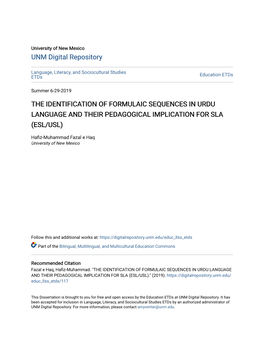 The Identification of Formulaic Sequences in Urdu Language and Their Pedagogical Implication for Sla (Esl/Usl)