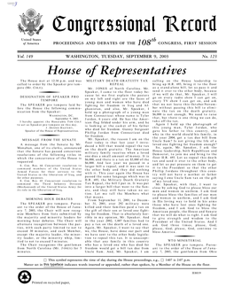 Congressional Record United States Th of America PROCEEDINGS and DEBATES of the 108 CONGRESS, FIRST SESSION