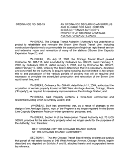 Ordinance No. 008-19 an Ordinance Declaring As Surplus and Eligible for Sale Certain Chicago Transit Authority Property at 948 West Armitage Avenue Chicago Illinois