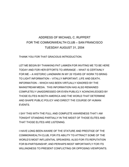 Address of Michael C. Ruppert for the Commonwealth Club – San Francisco Tuesday August 31, 2004