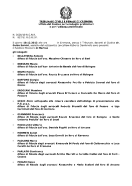 TRIBUNALE CIVILE E PENALE DI CREMONA Ufficio Del Giudice Per Le Indagini Preliminari E Per L’Udienza Preliminare