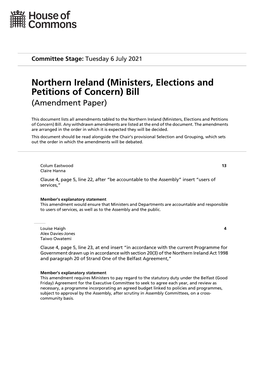 Northern Ireland (Ministers, Elections and Petitions of Concern) Bill (Amendment Paper)