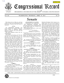 Congressional Record United States Th of America PROCEEDINGS and DEBATES of the 113 CONGRESS, SECOND SESSION