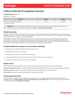 Lithium Chloride Precipitation Solution Product Information Sheet (Pub. No. 4386633 E)