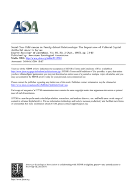 Social Class Differences in Family-School Relationships: the Importance of Cultural Capital Author(S): Annette Lareau Source: Sociology of Education, Vol