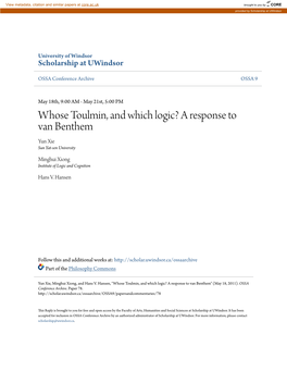 Whose Toulmin, and Which Logic? a Response to Van Benthem Yun Xie Sun Yat-Sen University