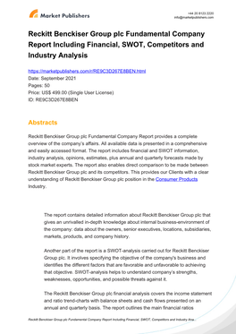 Reckitt Benckiser Group Plc Fundamental Company Report