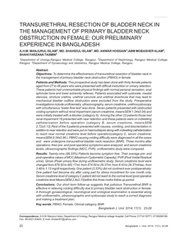 Transurethral Resection of Bladder Neck in the Management of Primary Bladder Neck Obstruction in Female: Our Preliminary Experience in Bangladesh A.H.M