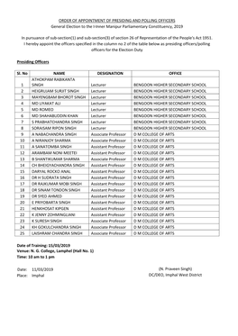 ORDER of APPOINTMENT of PRESIDING and POLLING OFFICERS General Election to the I-Inner Manipur Parliamentary Constituency, 2019