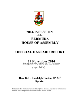 2014/15 Session Bermuda House of Assembly Official