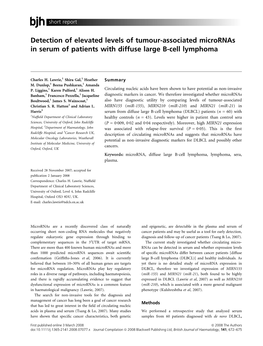 Detection of Elevated Levels of Tumour-Associated Micrornas in Serum of Patients with Diffuse Large B-Cell Lymphoma