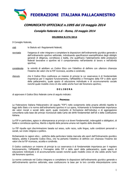 FEDERAZIONE ITALIANA PALLACANESTRO COMUNICATO UFFICIALE N.1095 Del 10 Maggio 2014