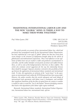 Traditional International Labour Law and the New “Global” Kind: Is There a Way to Make Them Work Together?