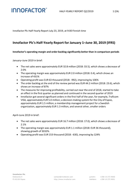 Innofactor Plc's Half-Yearly Report for January 1–June 30, 2019 (IFRS)