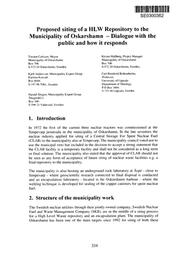 Proposed Siting of a HLW Repository to the Municipality of Oskarshamn - Dialogue with the Public and How It Responds