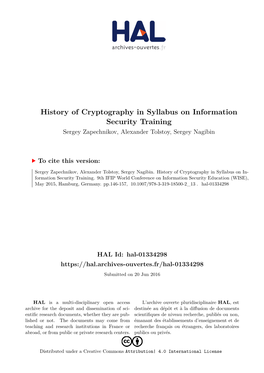 History of Cryptography in Syllabus on Information Security Training Sergey Zapechnikov, Alexander Tolstoy, Sergey Nagibin