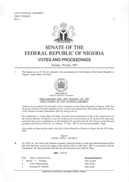 SENATE of the FEDERAL REPUBLIC of NIGERIA VOTES and PROCEEDINGS Tuesday, 5Th June, 2007