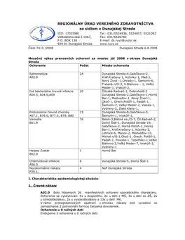 REGIONÁLNY ÚRAD VEREJNÉHO ZDRAVOTNÍCTVA So Sídlom V Dunajskej Strede IČO: 17335981 Tel.: 031/5524936, 5524857, 5521092 Veľkoblahovská Č.1067, Fax: 031/5526740 P.O