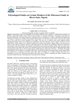 Palynological Studies on Certain Members of the Malvaceae Family in Rivers State, Nigeria