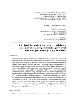 Starożytni Rugiowie W Ujęciu Antycznych Źródeł Pisanych I Literatury Przedmiotu – Przyczynek Do Dyskusji Na Temat „Grupy Gustowskiej”