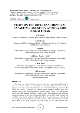 Study on the River Sand Removal Capacity: Case Study at Bota Kiri, Sungai Perak