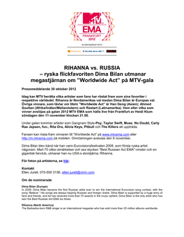 RIHANNA Vs. RUSSIA – Ryska Flickfavoriten Dima Bilan Utmanar Megastjärnan Om ”Worldwide Act” På MTV-Gala