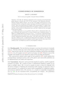 COMBINATORICS of EMBEDDINGS 2 Triangulated by a Simplicial Complex K Is Denoted |K|