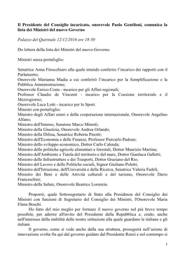 Il Presidente Del Consiglio Incaricato, Onorevole Paolo Gentiloni, Comunica La Lista Dei Ministri Del Nuovo Governo