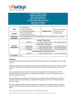 Multiple Sclerosis Agents Aubagio® (Teriflunomide) Gilenya® (Fingolimod) Mayzent® (Siponimod) Tecfidera® (Dimethyl Fumarate) Zeposia® (Ozanimod) Effective 01/01/2021