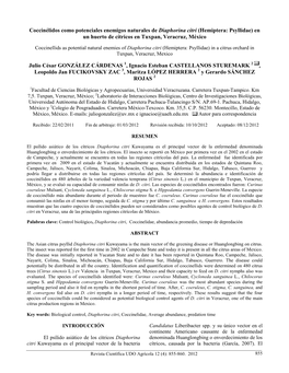 Coccinélidos Como Potenciales Enemigos Naturales De Diaphorina Citri (Hemiptera: Psyllidae) En Un Huerto De Cítricos En Tuxpan, Veracruz, México