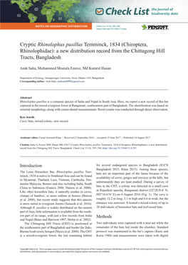 Cryptic Rhinolophus Pusillus Temminck, 1834 (Chiroptera, Rhinolophidae): a New Distribution Record from the Chittagong Hill Tracts, Bangladesh