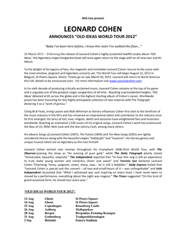 Leonard Cohen Announces “Old Ideas World Tour 2012”