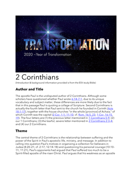 2 Corinthians (Introduction & Background Information Provided Is from the ESV Study Bible) Author and Title