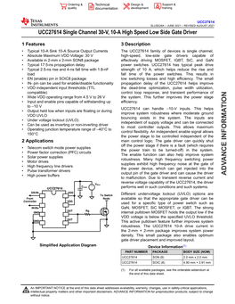 UCC27614 Single Channel 30-V, 10-A High Speed Low Side Gate Driver