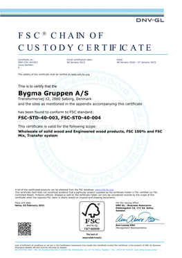 Fsc® Chain of Custody Certificate