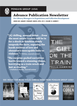 Advance Publication Newsletter for Library Managers in Acquisitions and Collection Development BOOKS DUE: JANUARY, FEBRUARY, MARCH, APRIL 2015 • VOLUME 25, NUMBER 1