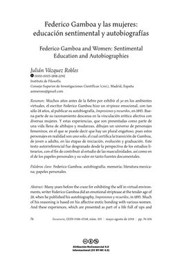 Federico Gamboa Y Las Mujeres: Educación Sentimental Y Autobiografías