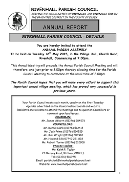 Rivenhall Parish Council Serving the Communities of Rivenhall and Rivenhall End in the Braintree District in the County of Essex