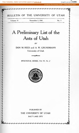 A Preliminary List of the Ants of Utah