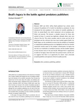 Beall's Legacy in the Battle Against Predatory Publishers