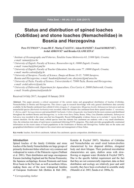 Status and Distribution of Spined Loaches (Cobitidae) and Stone Loaches (Nemacheilidae) in Bosnia and Herzegovina