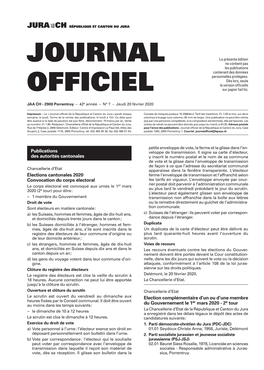 Journal Officiel De La République Et Canton Du Jura » Paraît Chaque Compte De Chèques Postaux 15-336644-4