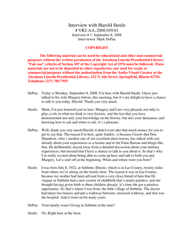 Interview with Harold Steele # VR2-A-L-2008-059.01 Interview # 1: September 8, 2008 Interviewer: Mark Depue