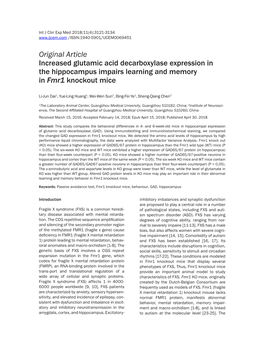 Original Article Increased Glutamic Acid Decarboxylase Expression in the Hippocampus Impairs Learning and Memory in Fmr1 Knockout Mice